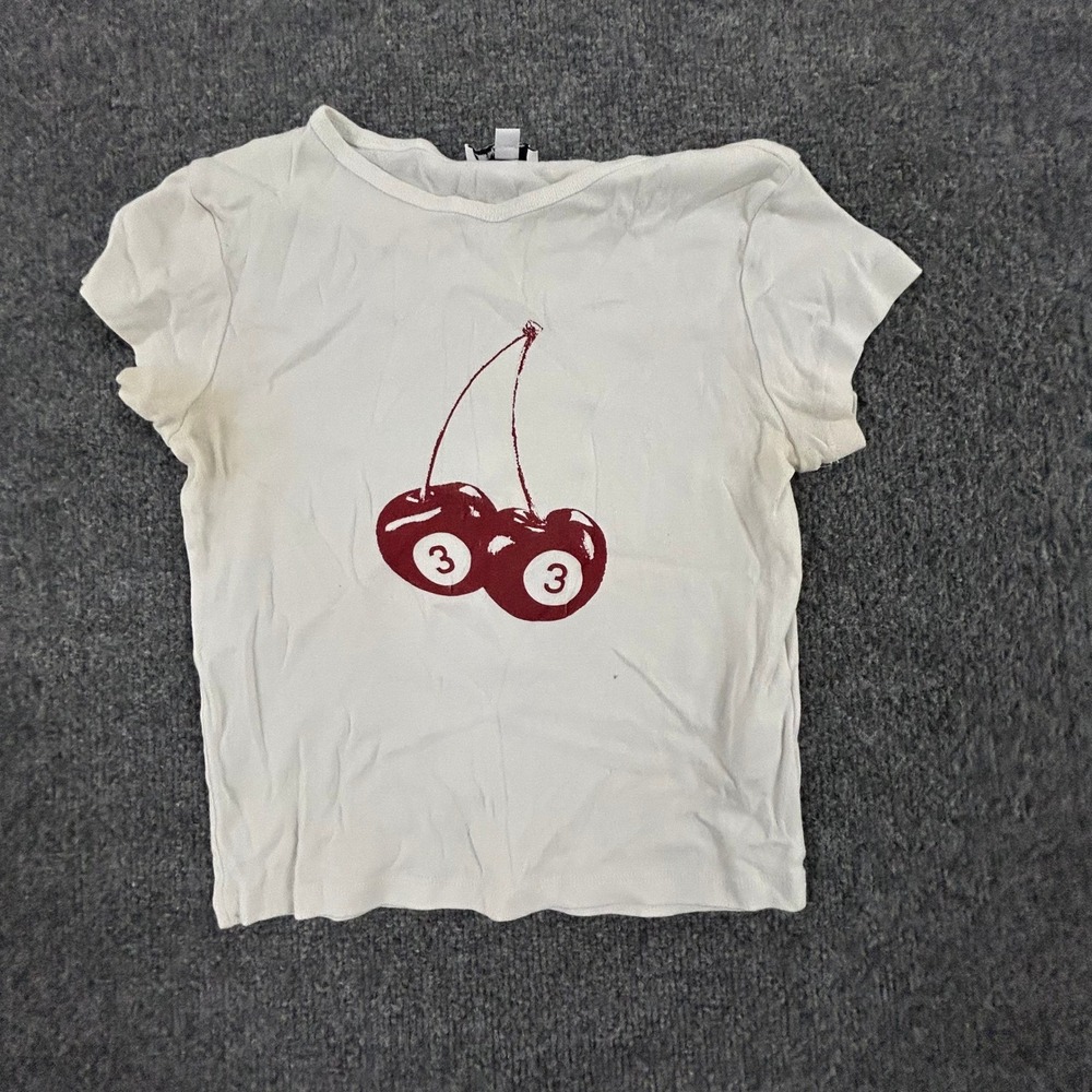 Subdued T-Shirt Womens Size XS White Cherry 8 Ball Graphic Baby Tee Slim Fit